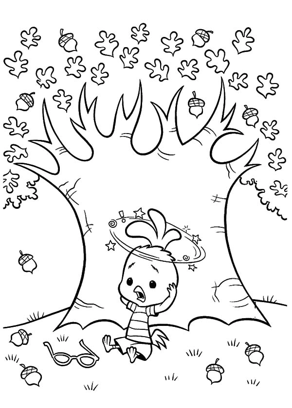 A chicken under a tree got hit in the head with an acorn coloring page